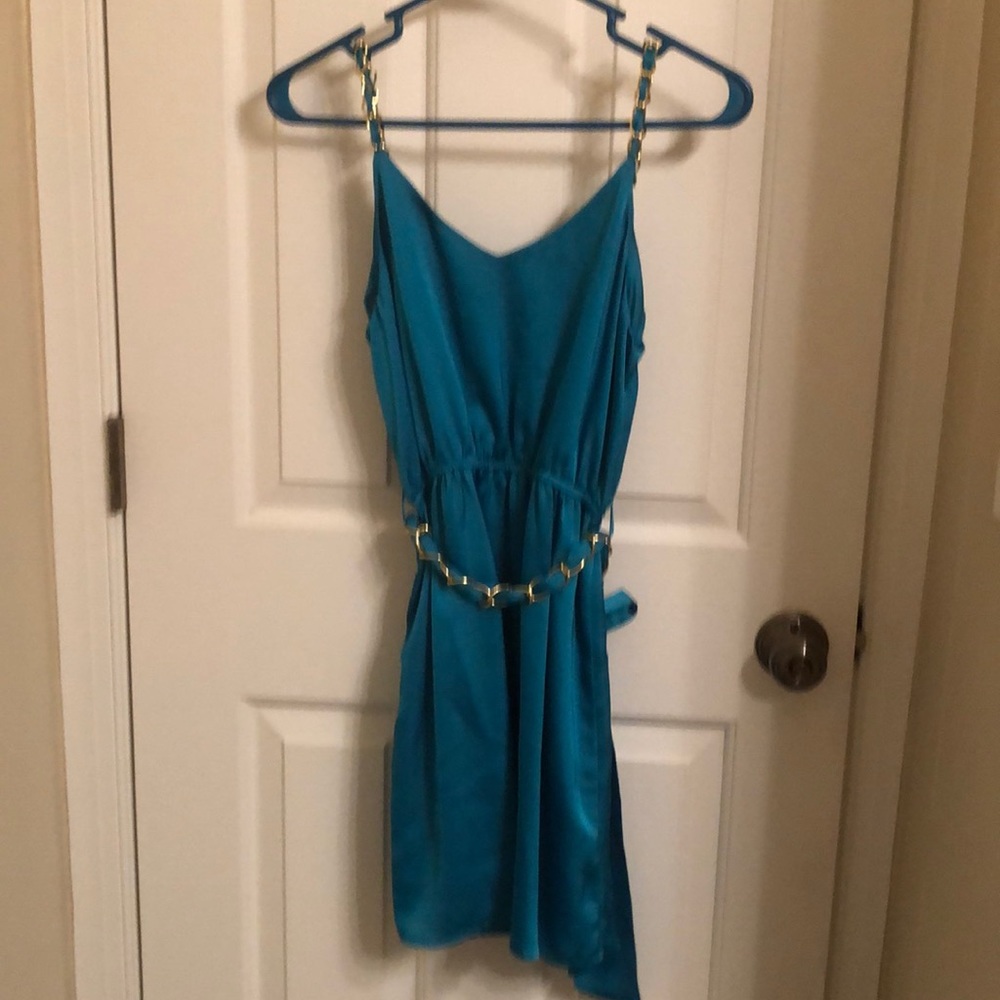 Teal Cocktail Dress with Gold Belt & Strap Detail - Picture 5 of 5